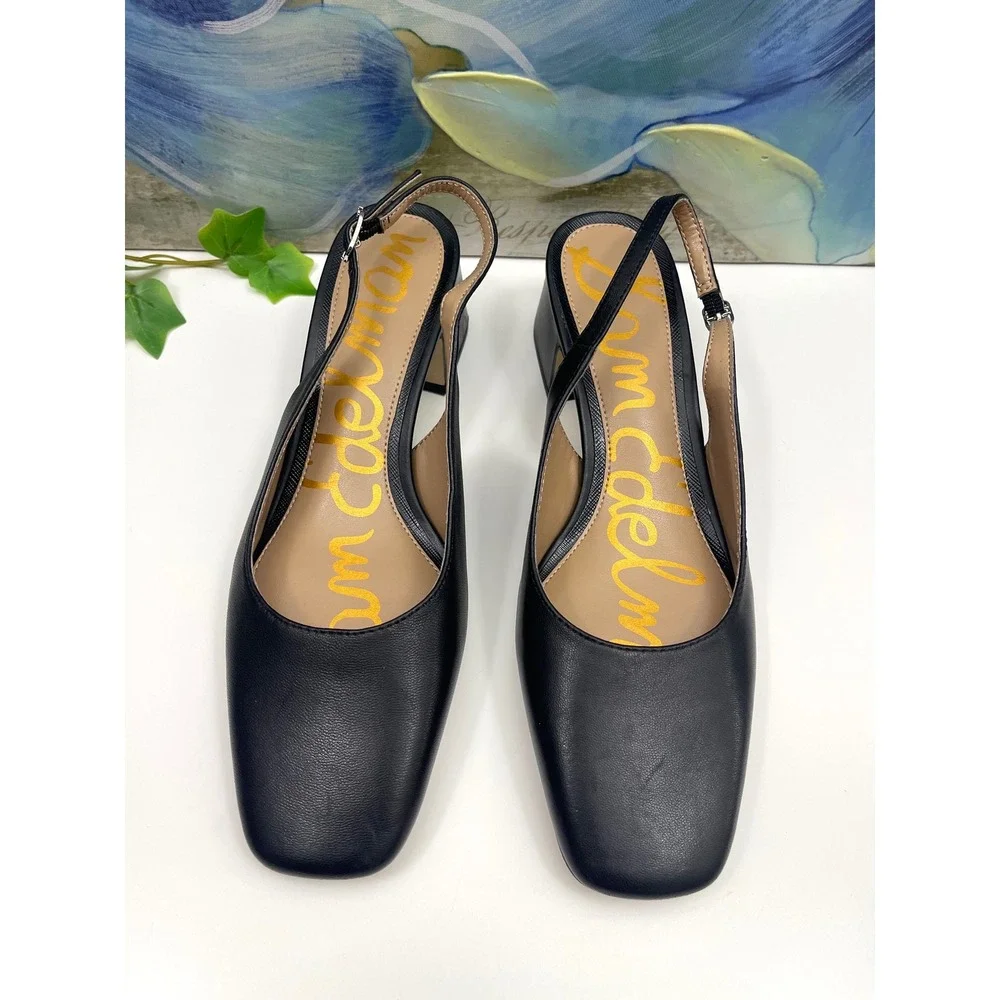 Sam Edelman Tarra Black Leather Square Toe Slingback Block Heel Pumps Womens 6.5 - Picture 7 of 12